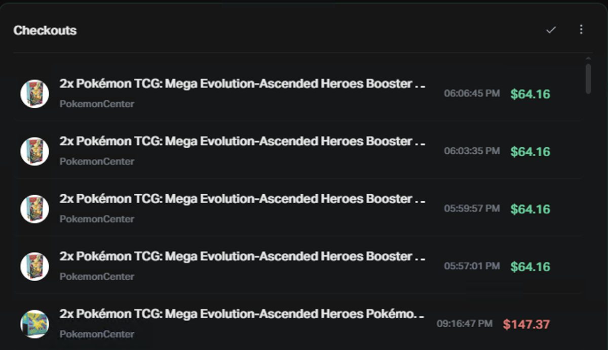 Hidden AIO successful Pokemon TCG checkout log showing recent orders and bot activity