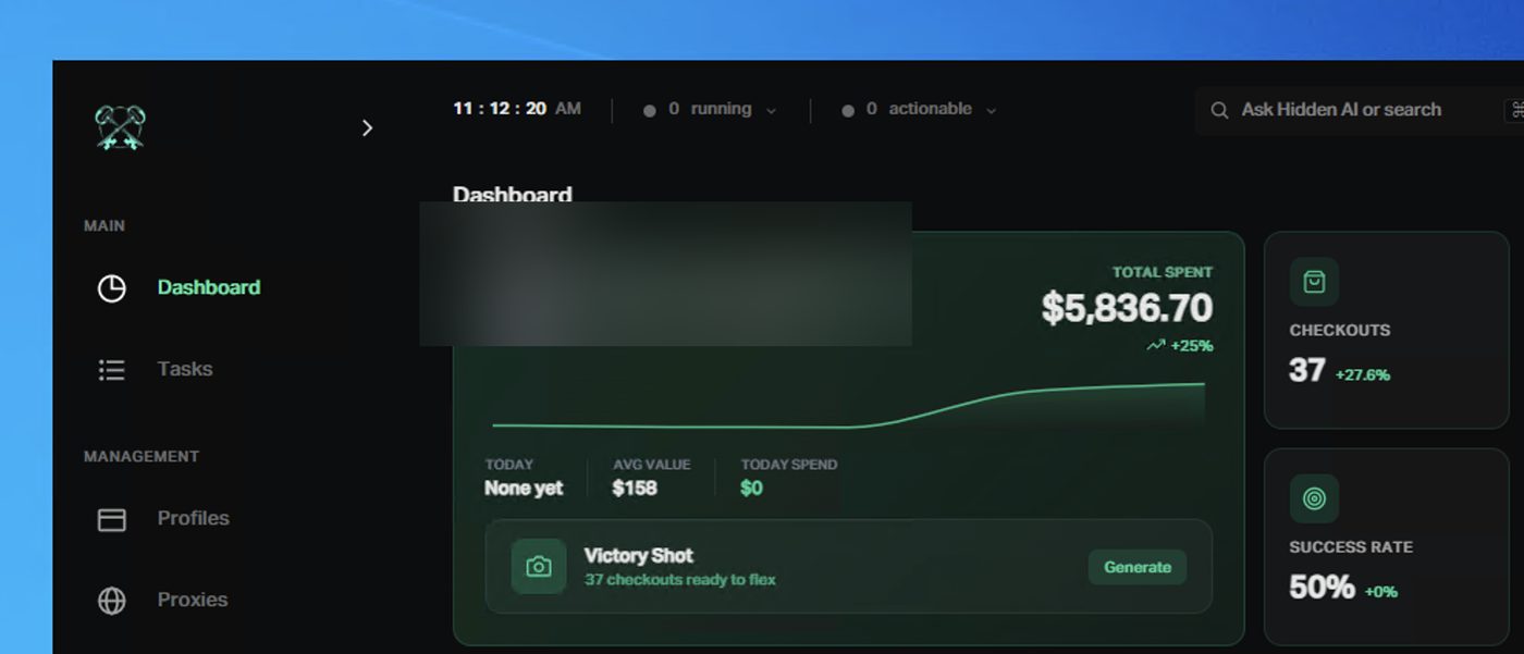 Hidden AIO bot dashboard overview showing checkout statistics and account balance