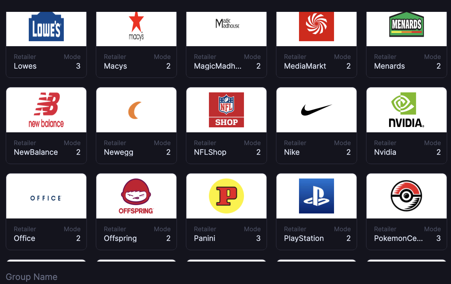 Stellar AIO module browser showing supported retailers including Magic Madhouse, Nike, Nvidia, PlayStation Direct, and Pokemon Center with automation modes