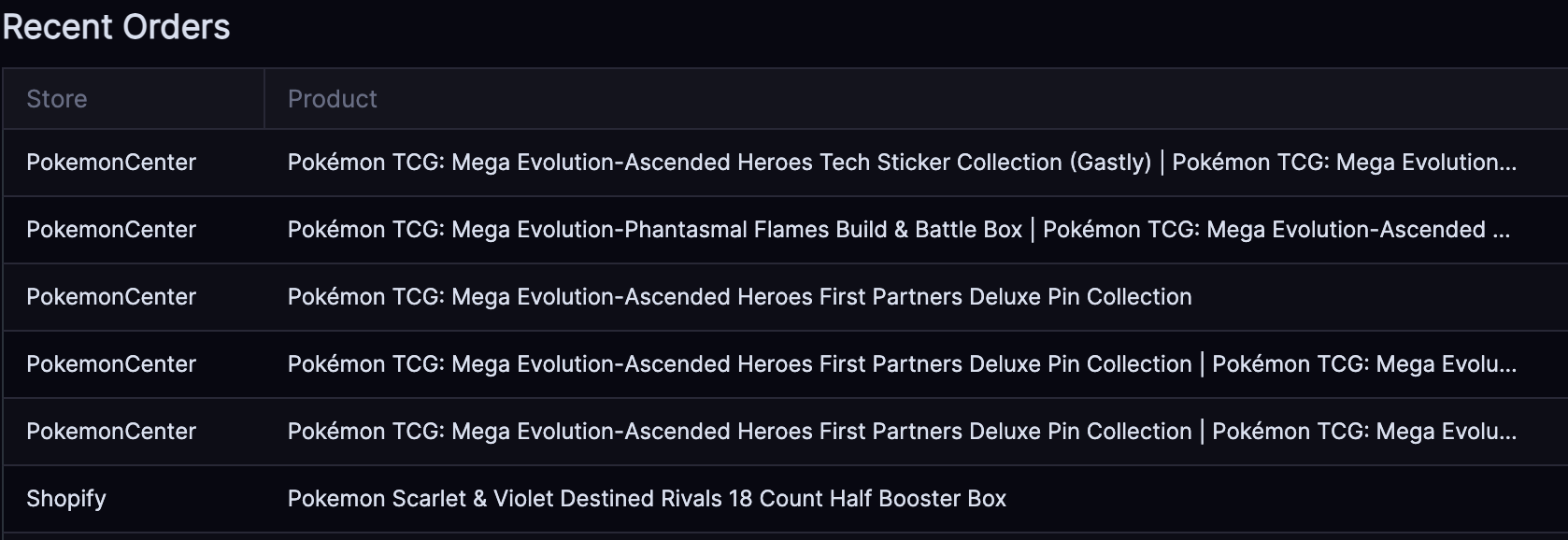Stellar AIO recent orders showing successful Pokemon Center checkouts including Pokémon TCG Mega Evolution Ascended Heroes and Destined Rivals sets